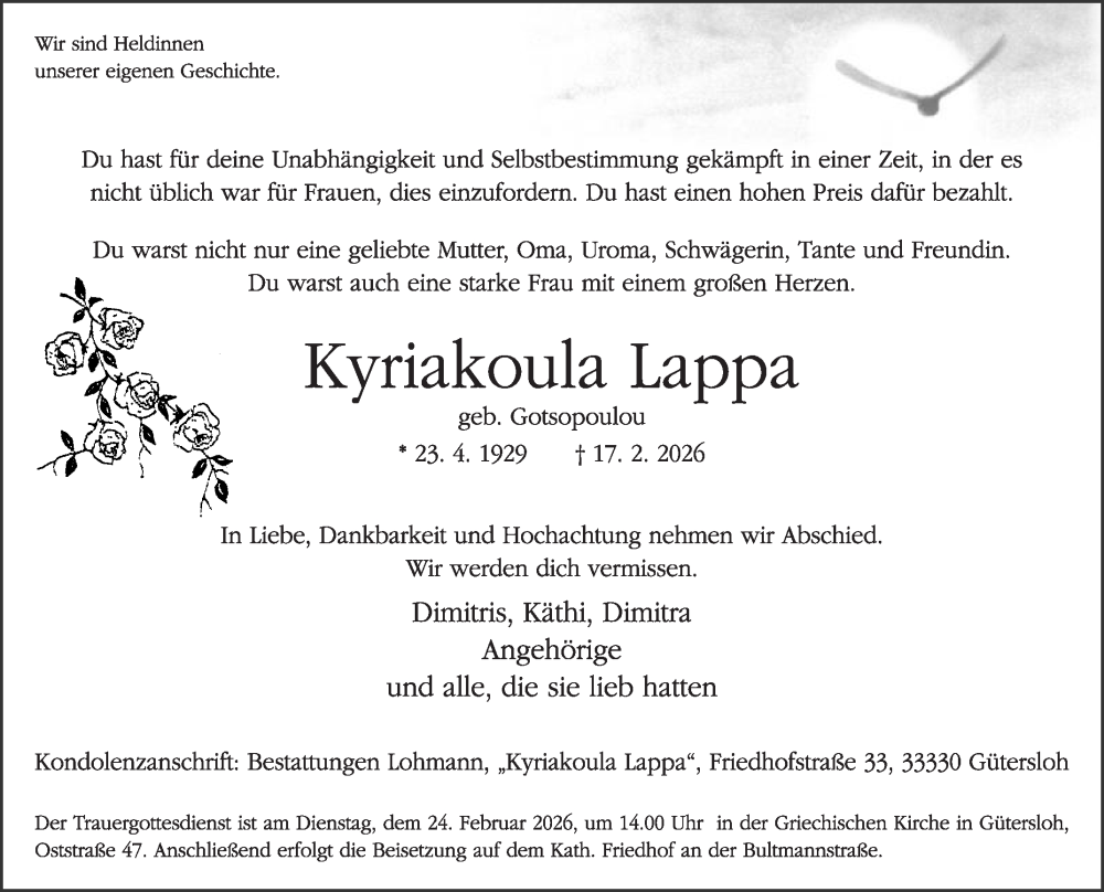  Traueranzeige für Kyriakoula Lappa vom 21.02.2026 aus Die Glocke