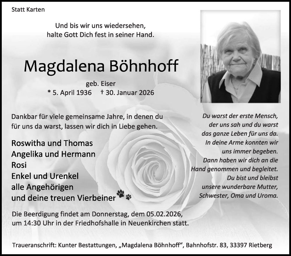  Traueranzeige für Magdalena Böhnhoff vom 03.02.2026 aus Die Glocke
