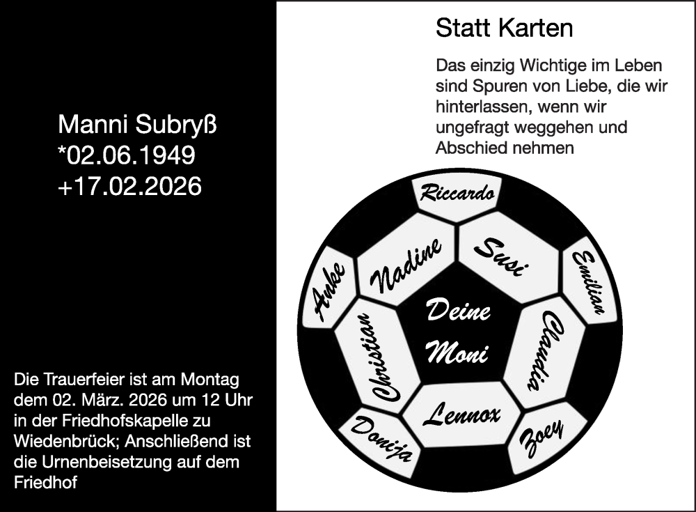  Traueranzeige für Manni Subryß vom 21.02.2026 aus Die Glocke