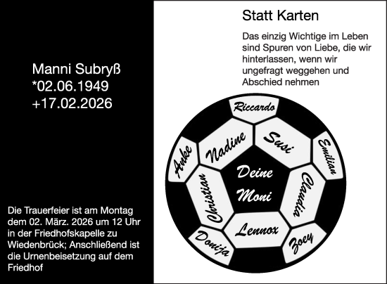 Traueranzeige von Manni Subryß von Die Glocke