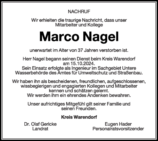 Traueranzeige von Marco Nagel von Die Glocke