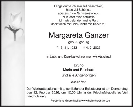 Traueranzeige von Margareta Ganzer von Die Glocke