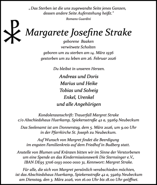Traueranzeige von Margarete Josefine Strake von Die Glocke
