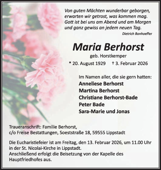 Traueranzeige von Maria Berhorst von Die Glocke