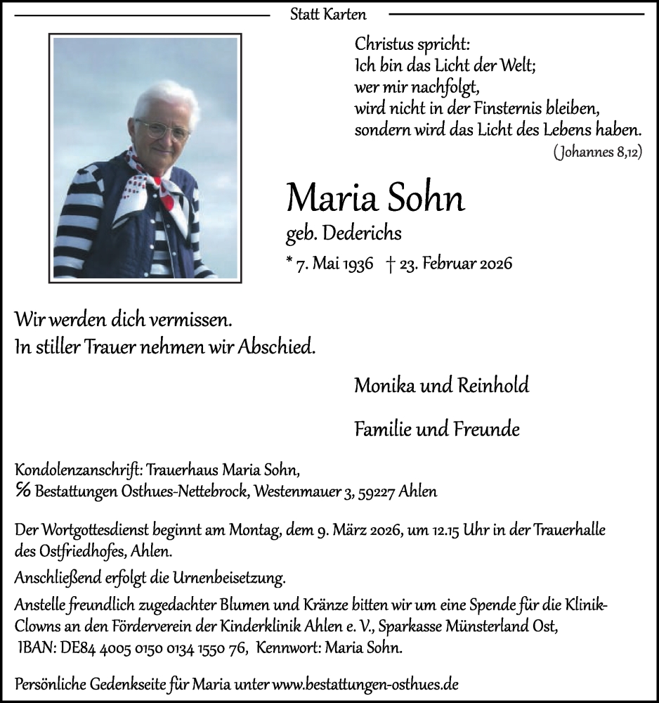  Traueranzeige für Maria Sohn vom 28.02.2026 aus Die Glocke