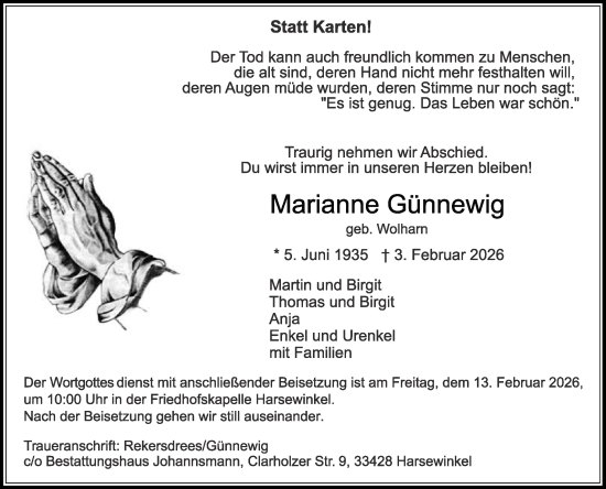 Traueranzeige von Marianne Günnewig von Die Glocke