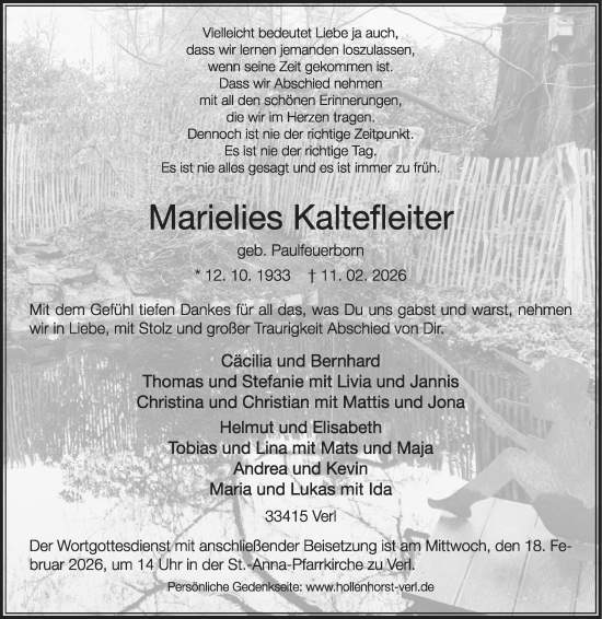 Traueranzeige von Marielies Kaltefleiter von Die Glocke