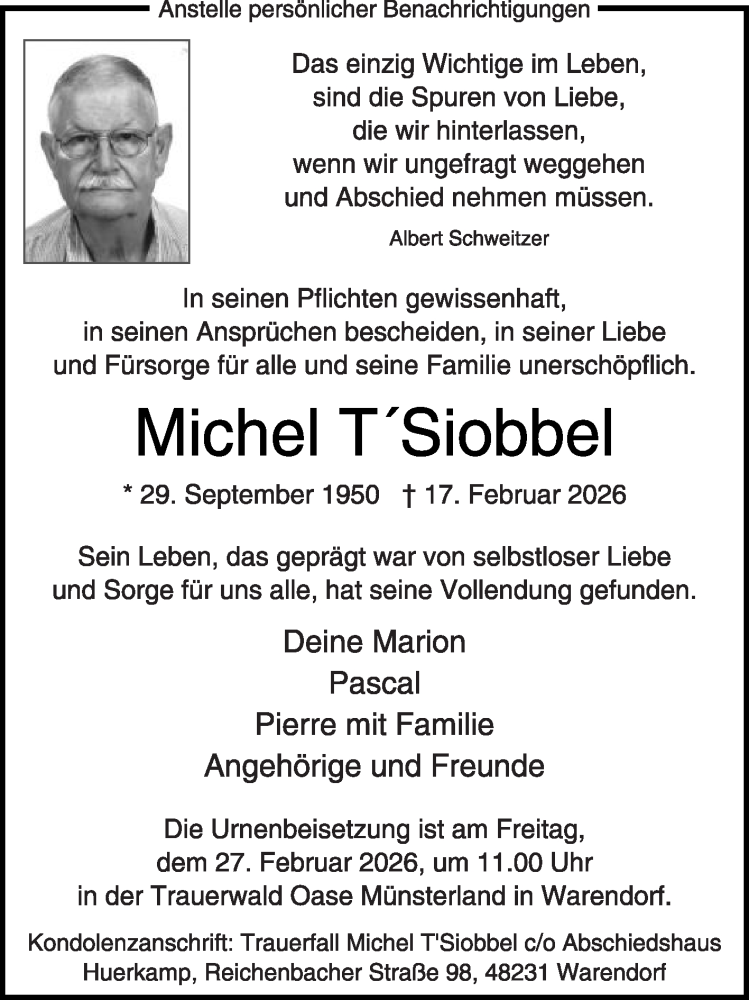  Traueranzeige für Michel TSiobbel vom 21.02.2026 aus Die Glocke