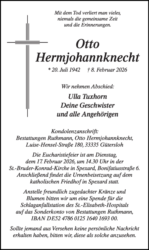  Traueranzeige für Otto Hermjohannknecht vom 12.02.2026 aus Die Glocke