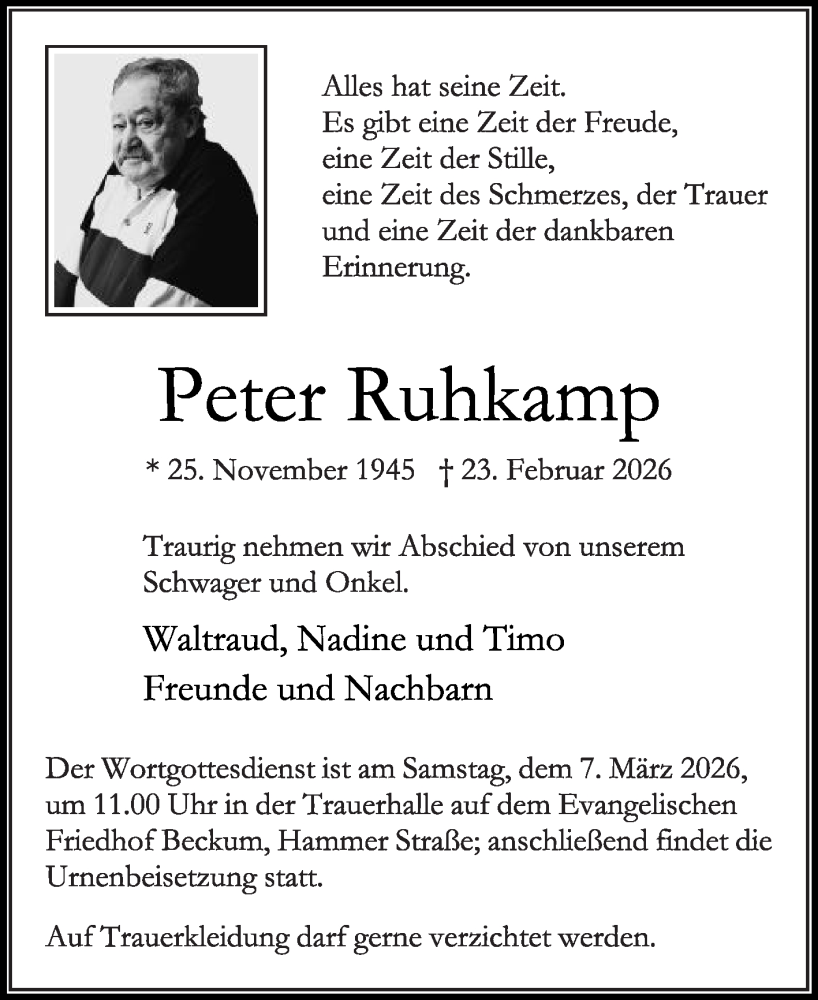  Traueranzeige für Peter Ruhkamp vom 28.02.2026 aus Die Glocke
