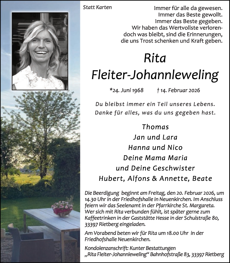  Traueranzeige für Rita Fleiter-Johannleweling vom 18.02.2026 aus Die Glocke