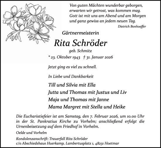 Traueranzeige von Rita Schröder von Die Glocke