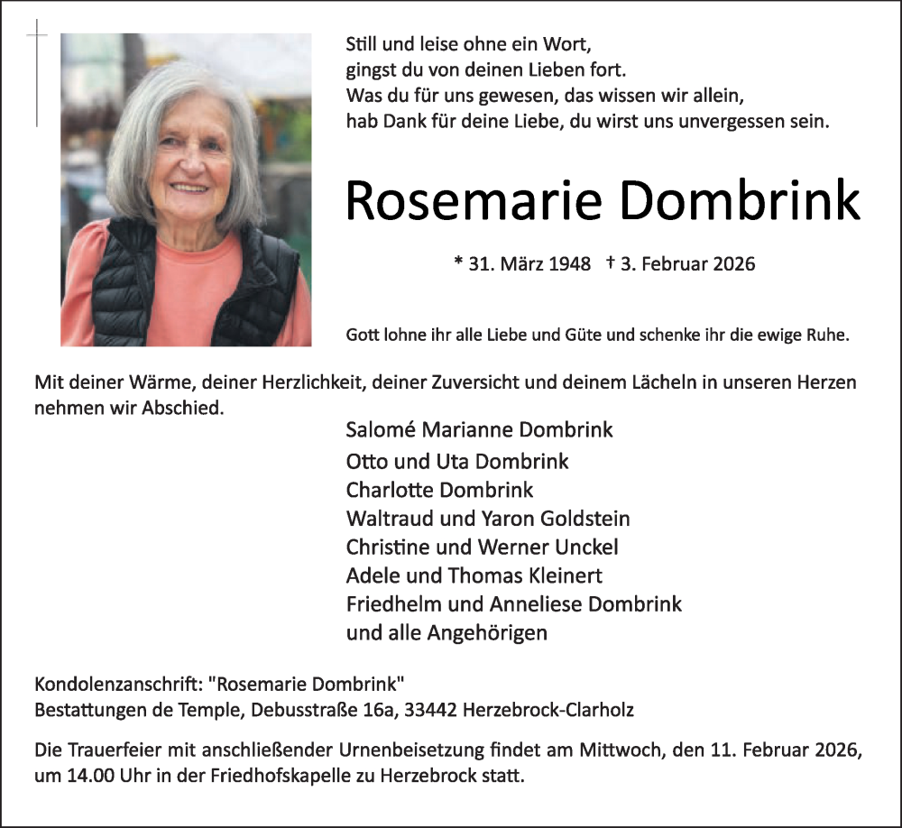  Traueranzeige für Rosemarie Dombrink vom 07.02.2026 aus Die Glocke
