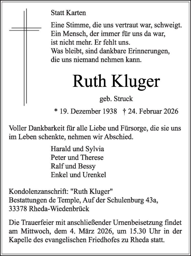  Traueranzeige für Ruth Kluger vom 28.02.2026 aus Die Glocke