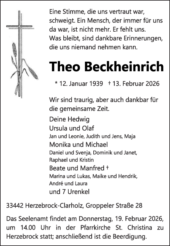 Traueranzeige von Theo Beckheinrich von Die Glocke