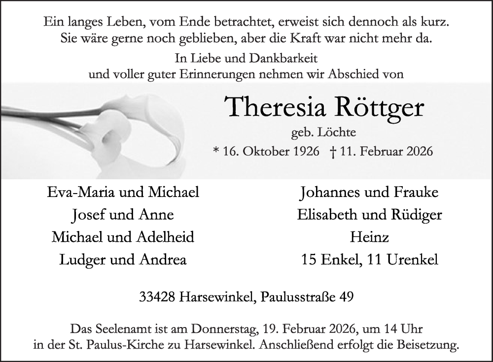  Traueranzeige für Theresia Röttger vom 14.02.2026 aus Die Glocke