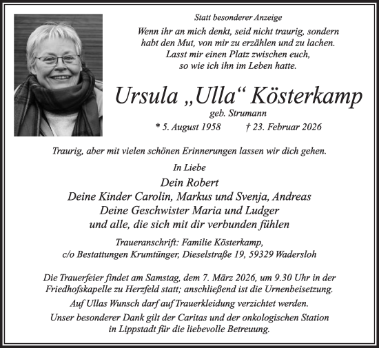 Traueranzeige von Ursula Kösterkamp von Die Glocke