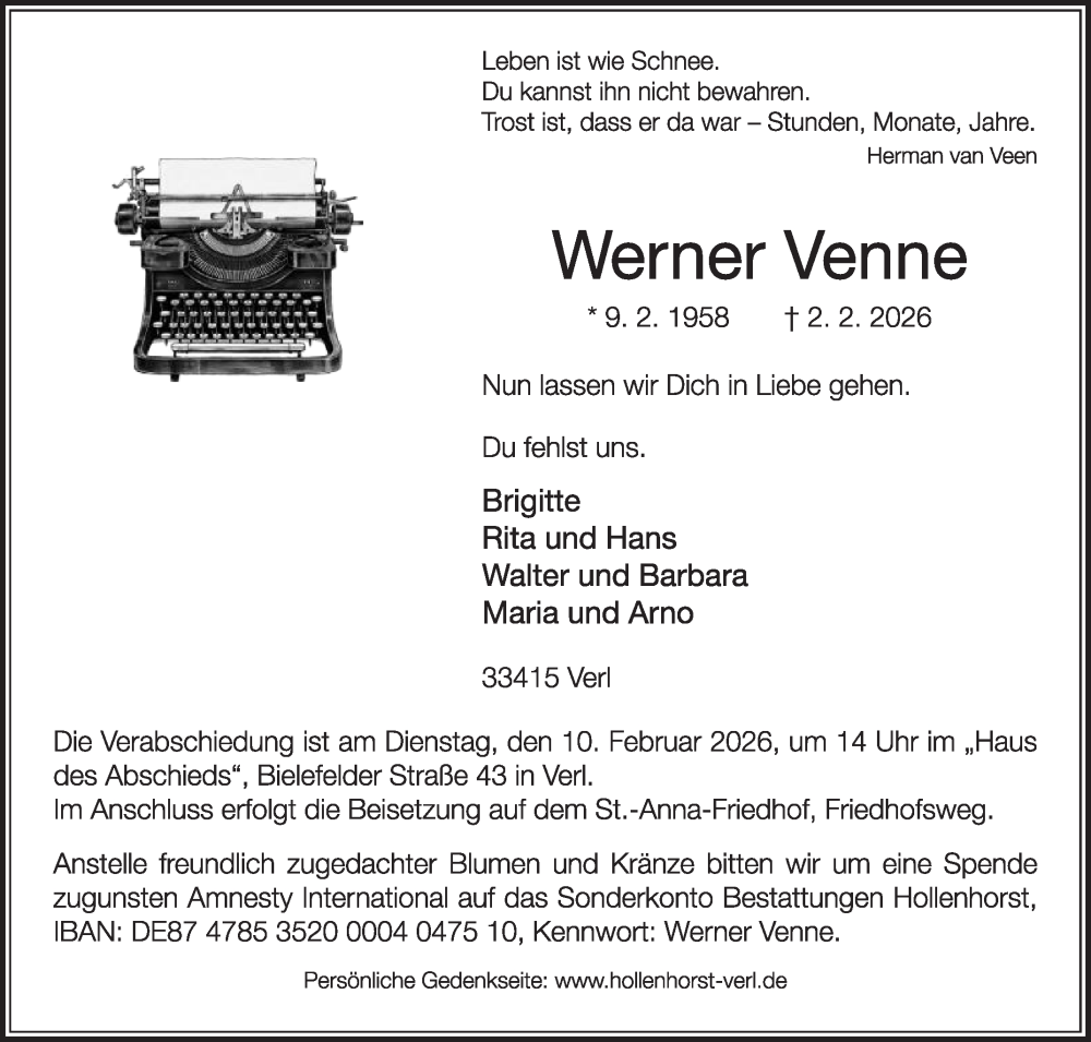  Traueranzeige für Werner Venne vom 07.02.2026 aus Die Glocke