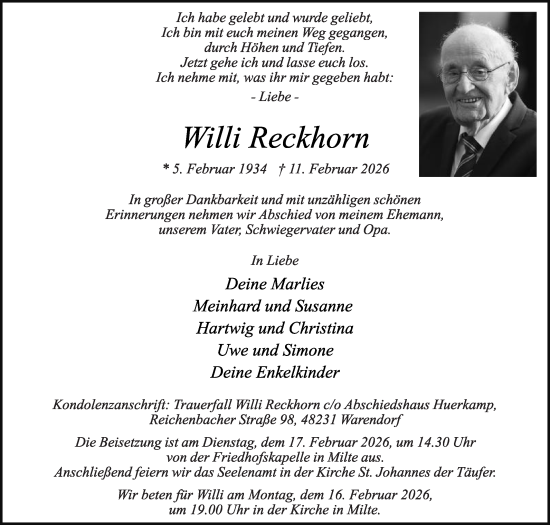 Traueranzeige von Willi Reckhorn von Die Glocke