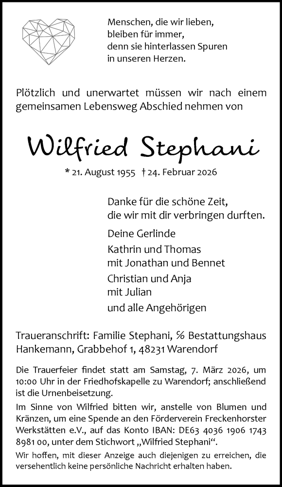  Traueranzeige für Wilfried Stephani vom 28.02.2026 aus Die Glocke