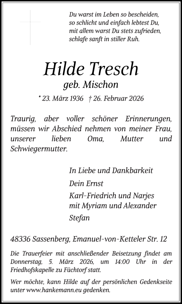  Traueranzeige für Hilde Tresch vom 02.03.2026 aus Die Glocke